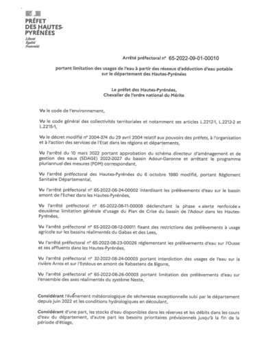Arrêté préfectoral  portant limitation des usages de l'eau à partir des réseaux d'adduction d'eau potable sur le département des Hautes-Pyrénées