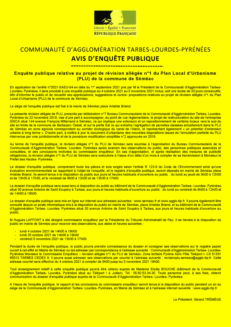 ENQUÊTE PUBLIQUE - Projet de révision allégée n°1 du PLU de Séméac